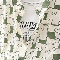 Boys Green Allover Bear Print Shirt With Short & Sleeveless T-Shirt Sets Sets