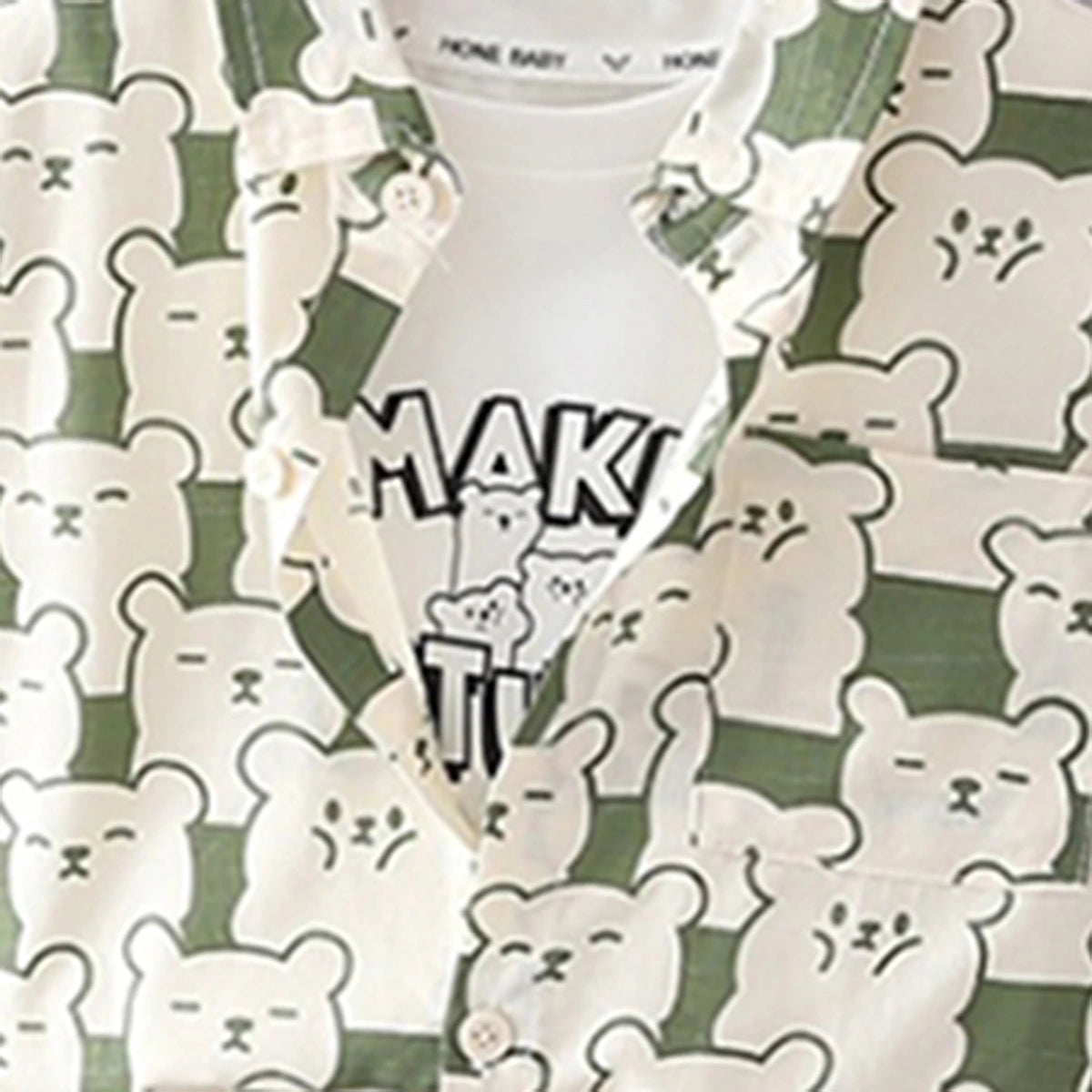 Boys Green Allover Bear Print Shirt With Short & Sleeveless T-Shirt Sets Sets