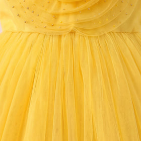 Girls yellow sleeveless party gown with floral applique and tulle