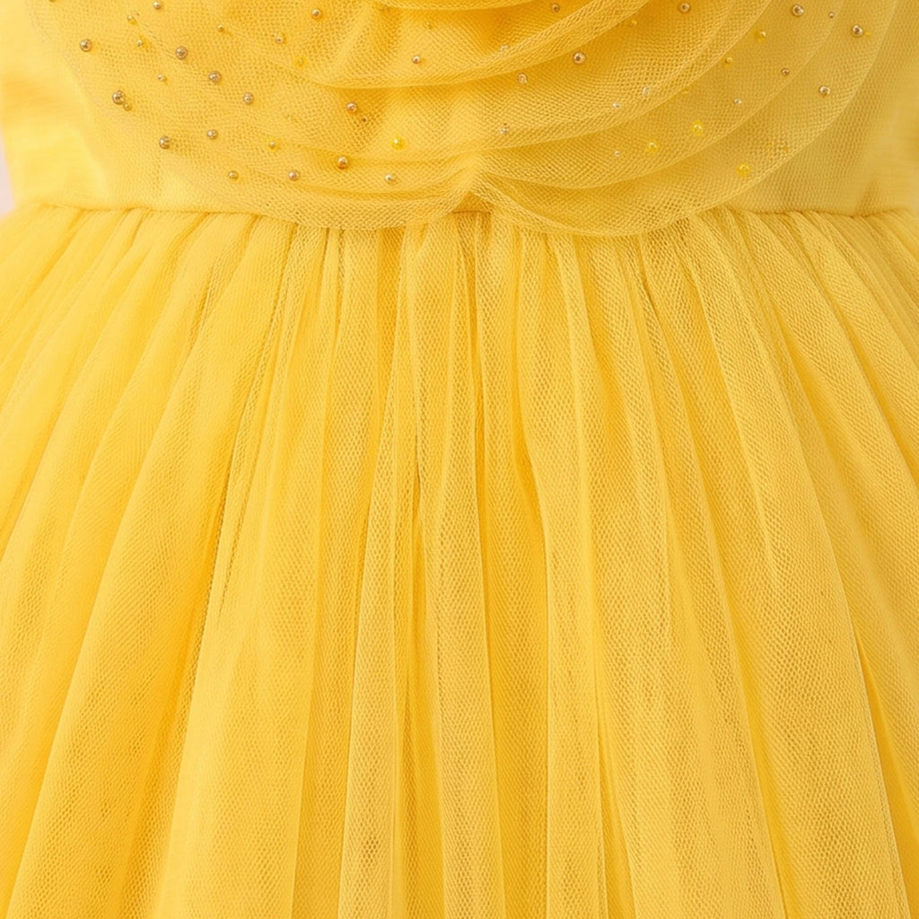 Girls yellow sleeveless party gown with floral applique and tulle