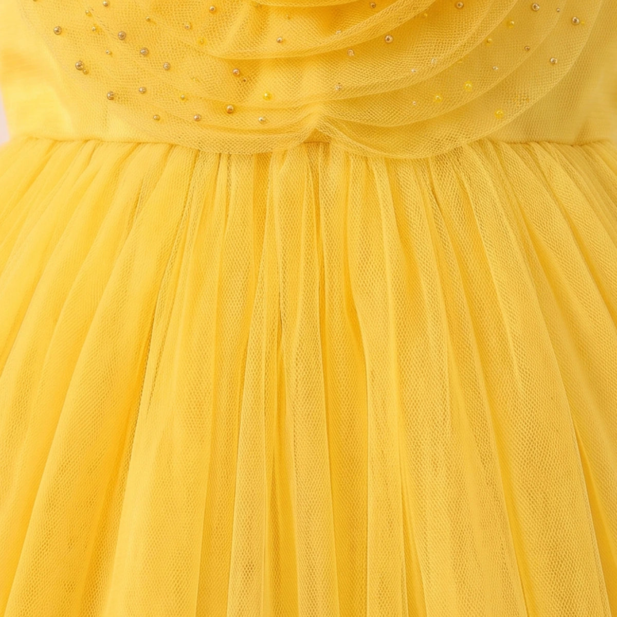 Girls yellow sleeveless party gown with floral applique and tulle