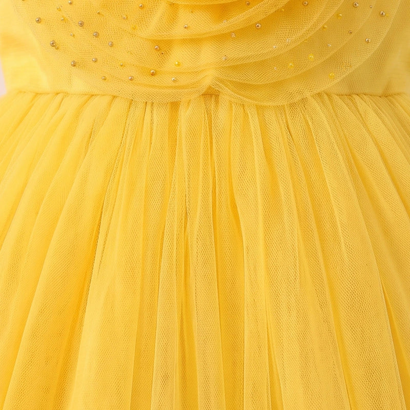 Girls yellow sleeveless party gown with floral applique and tulle