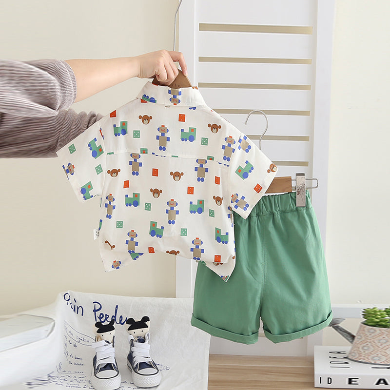 Boys Printed Shirt With Green Neck Tie And Shorts Set 3 pc. Sets