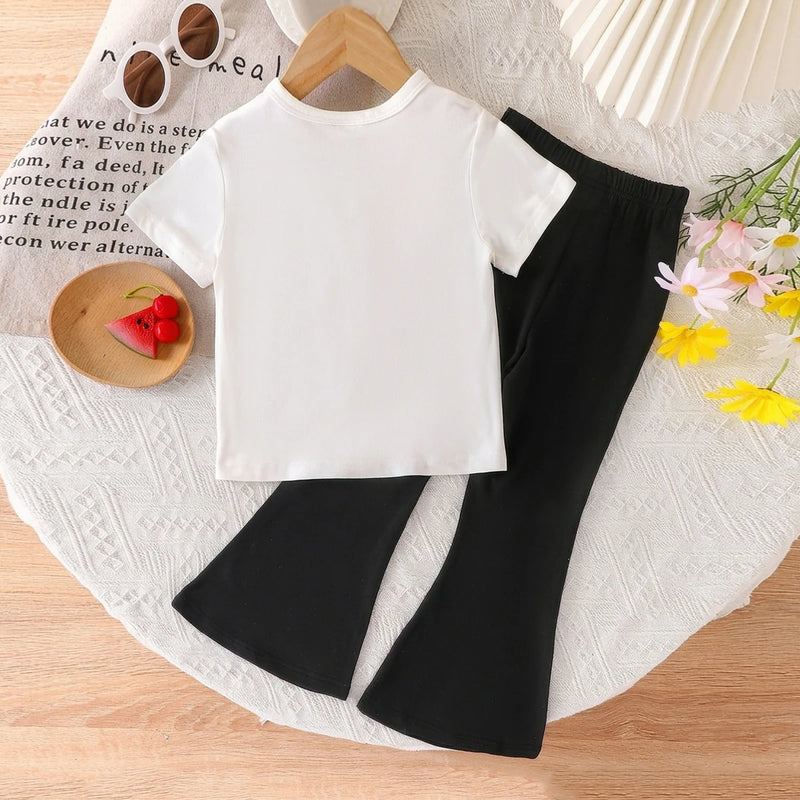 Girls White Cherry Print Half Sleeve T-Shirt With Flared Pants Sets 2 pc. Sets