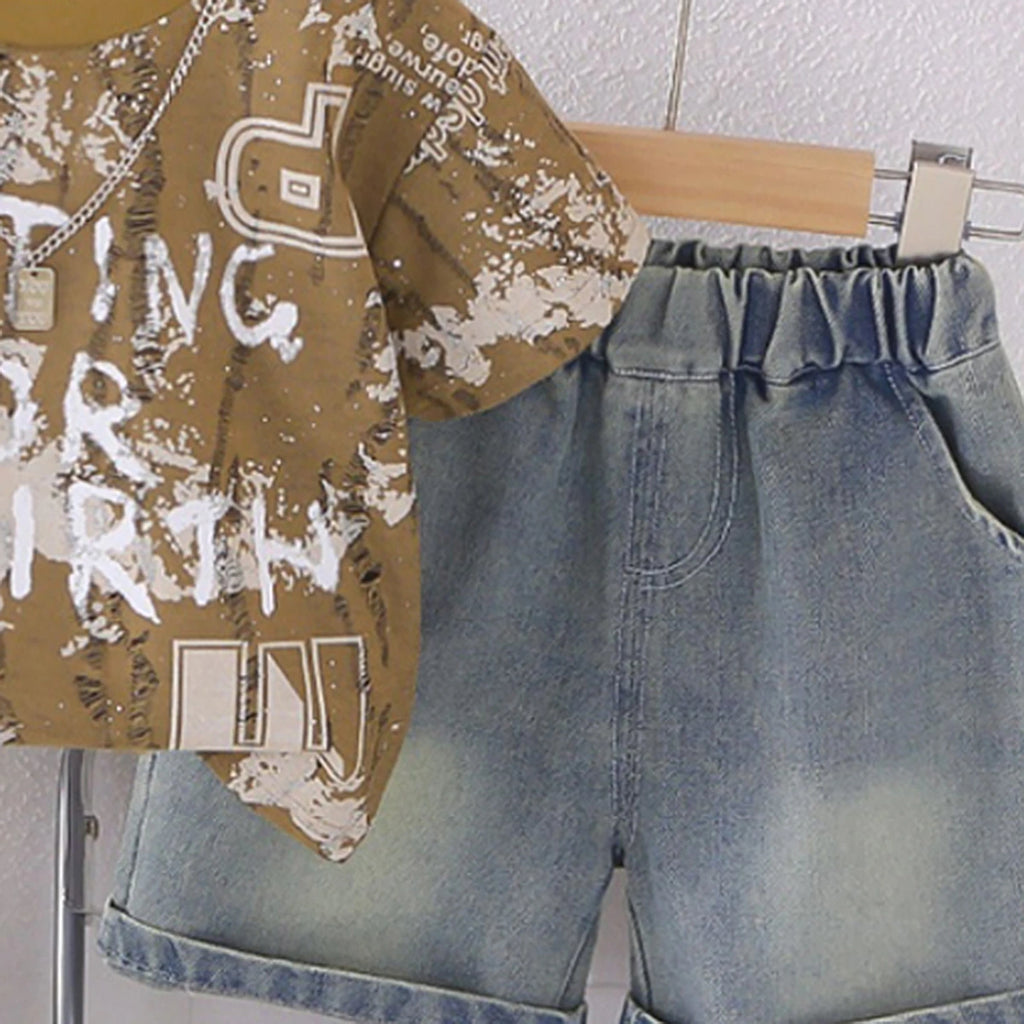 Boys Muted Olive Typographic Print T-Shirt With Denim Shorts Set Sets