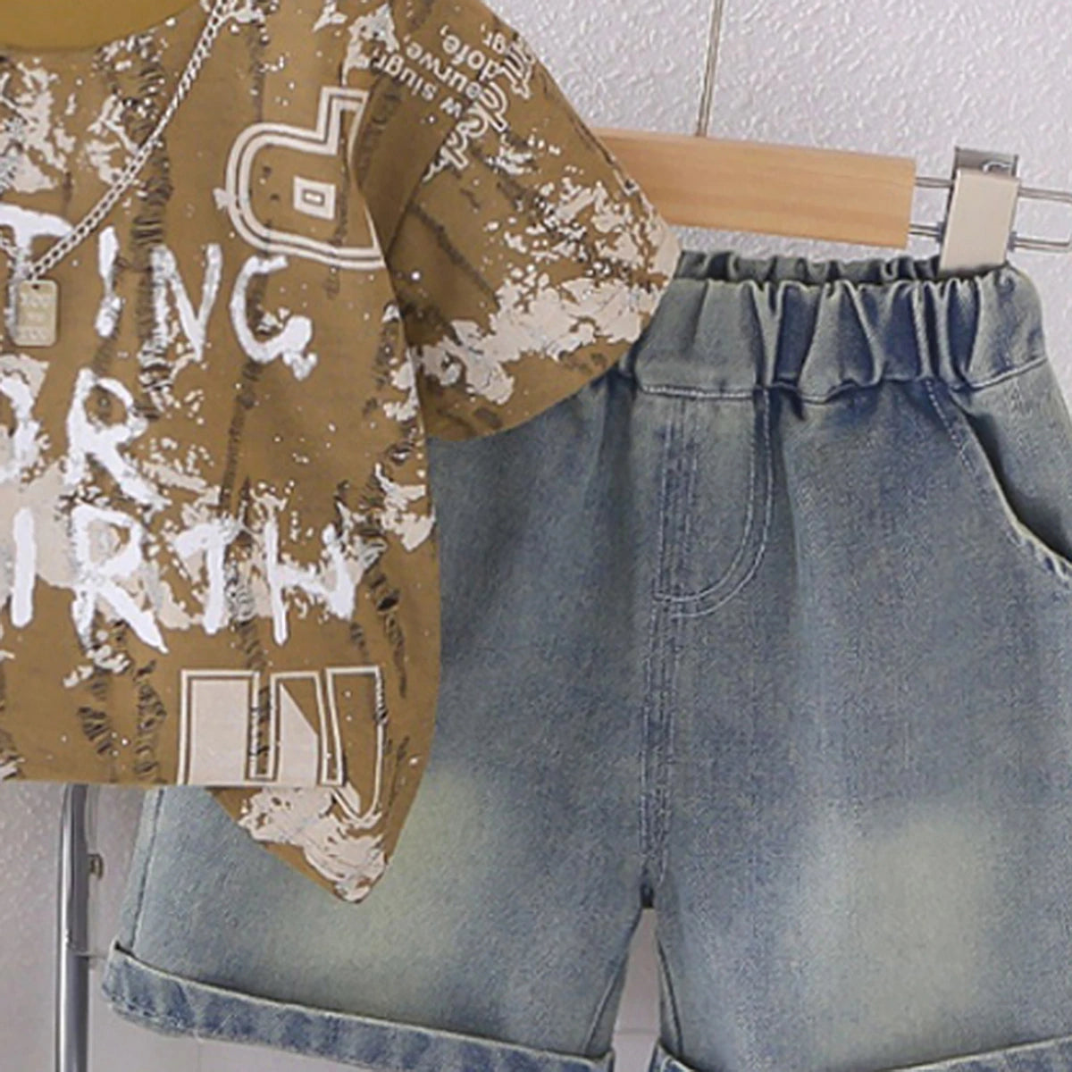 Boys Muted Olive Typographic Print T-Shirt With Denim Shorts Set Sets
