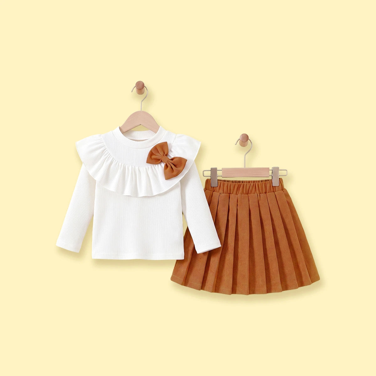 Girls Brown Bow Applique Long Sleeve Top with Skirt Sets 2 pc. Sets Brown 2-3 Y