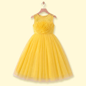 Girls yellow sleeveless party gown with floral applique and tulle