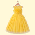 Girls yellow sleeveless party gown with floral applique and tulle