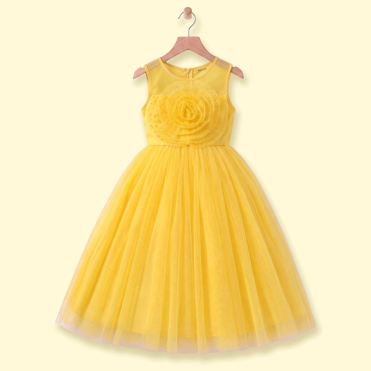 Girls yellow sleeveless party gown with floral applique and tulle