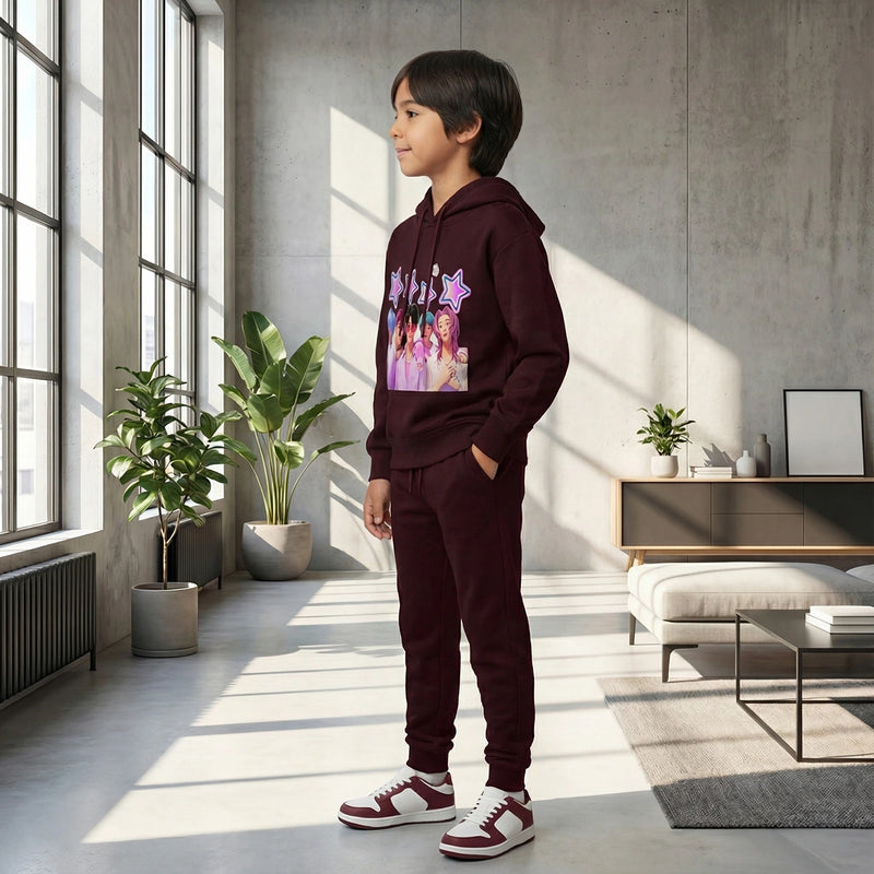 Boys Maroon K-Pop Star Graphics Hoodie With Jogger Co-ord Sets Sets