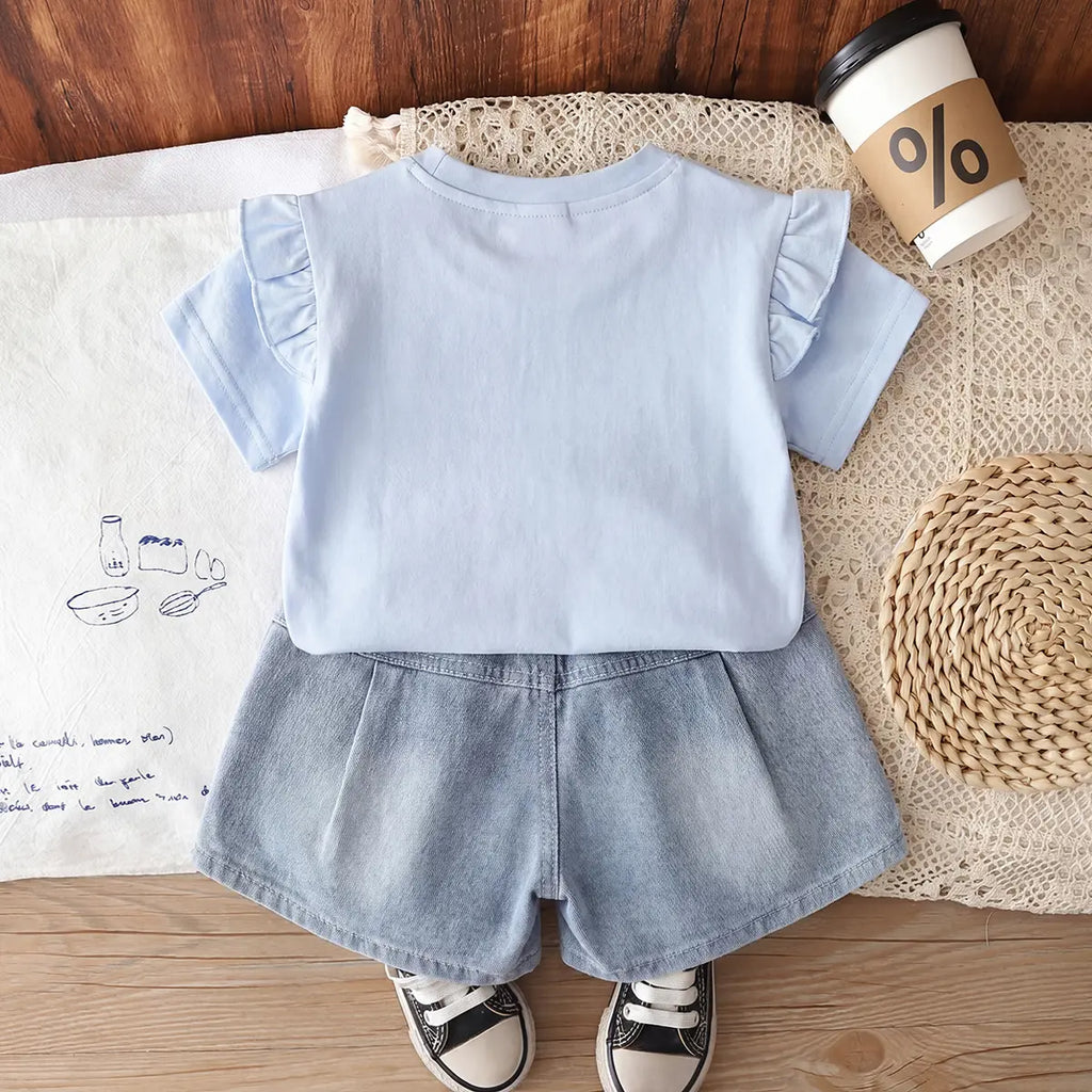 Girls Sky Blue Bow Applique Flutter Sleeve Top With Denim Shorts Sets 2 pc. Sets