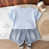 Girls Sky Blue Bow Applique Flutter Sleeve Top With Denim Shorts Sets 2 pc. Sets