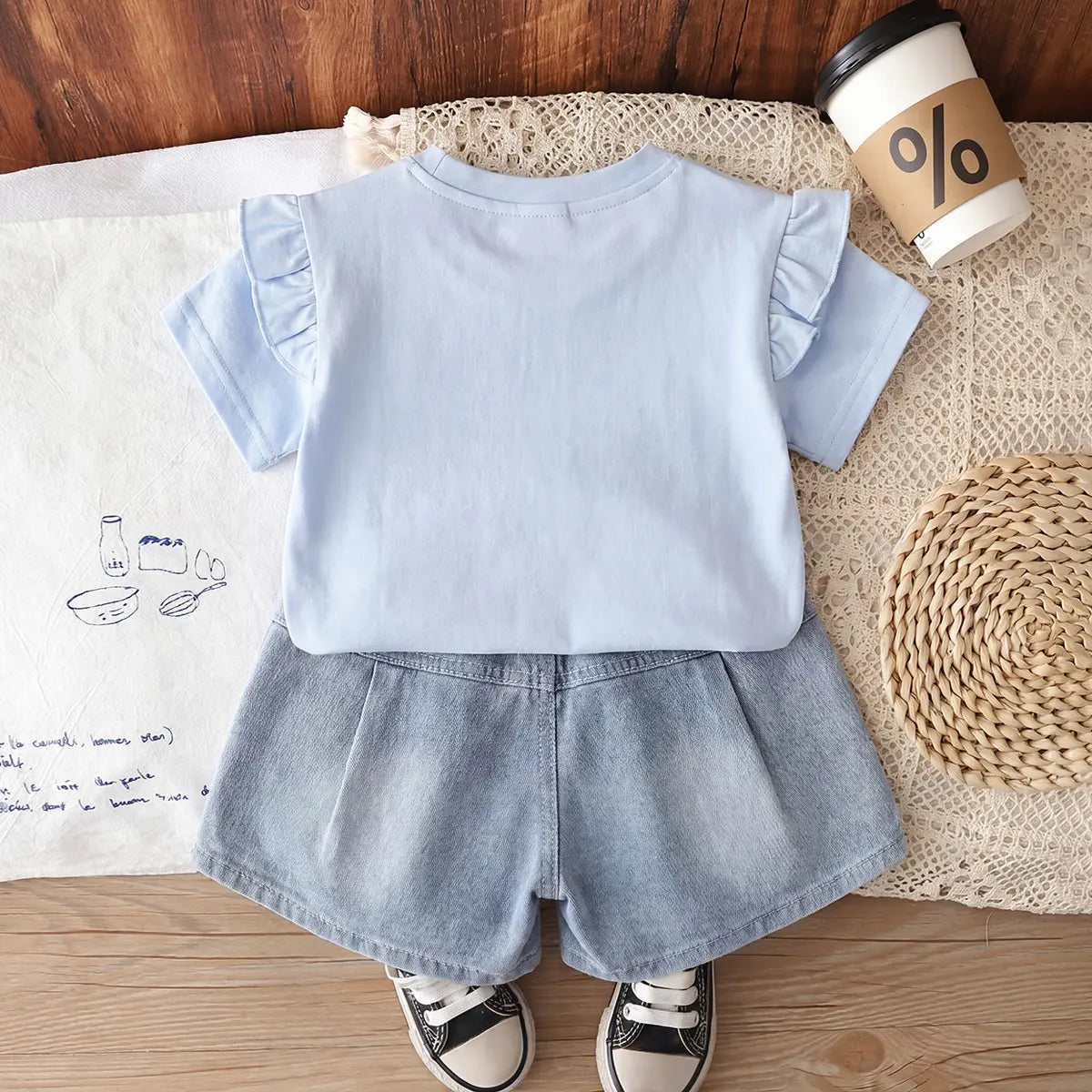 Girls Sky Blue Bow Applique Flutter Sleeve Top With Denim Shorts Sets 2 pc. Sets