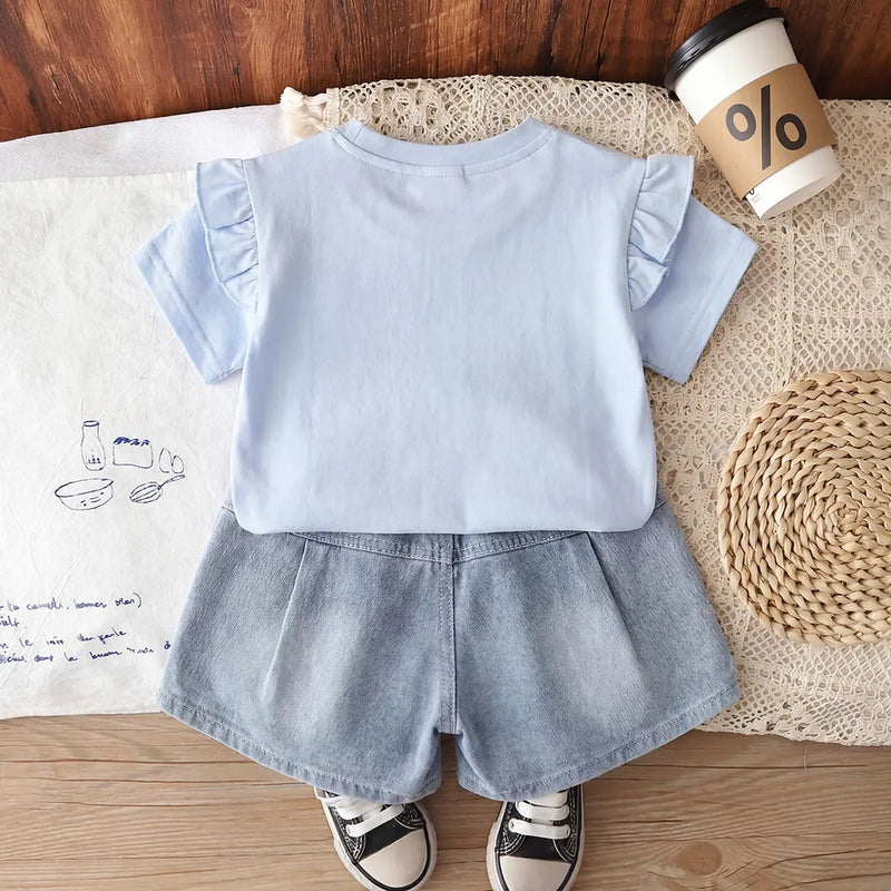Girls Sky Blue Bow Applique Flutter Sleeve Top With Denim Shorts Sets 2 pc. Sets