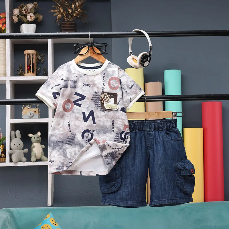 Boys Multicolour Alphanumeric Printed T-Shirt With Denim Shorts Sets 2 pc. Sets Multicolor 1-2 Y