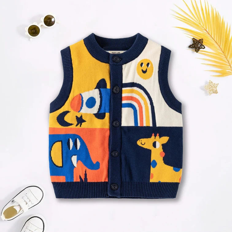 Girls Yellow Sweater Vest With Self-Design Animal Patterns Sweaters & Cardigans Yellow 2-3 Y