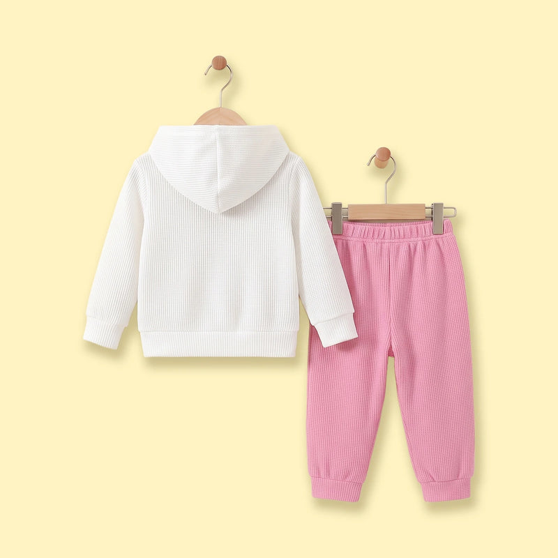 Girls White Flower Applique Hooded Sweatshirt With Joggers Sets Sets