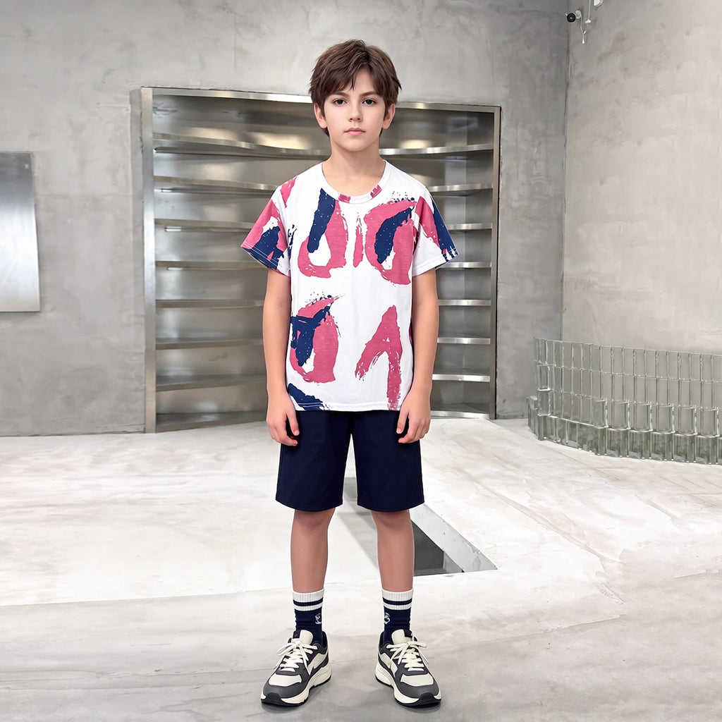 Boys White Abstract Graphic T-Shirt With Shorts Sets Sets White 5-6 Y