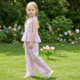 Girls Purple Floral Print Peplum Top With Pants Co-ord Sets Sets