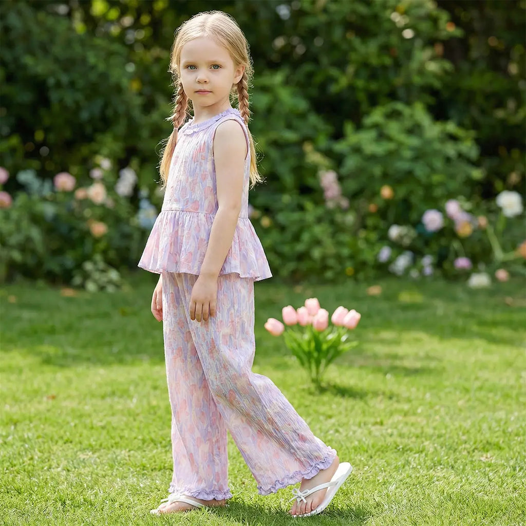 Girls Purple Floral Print Peplum Top With Pants Co-ord Sets Sets