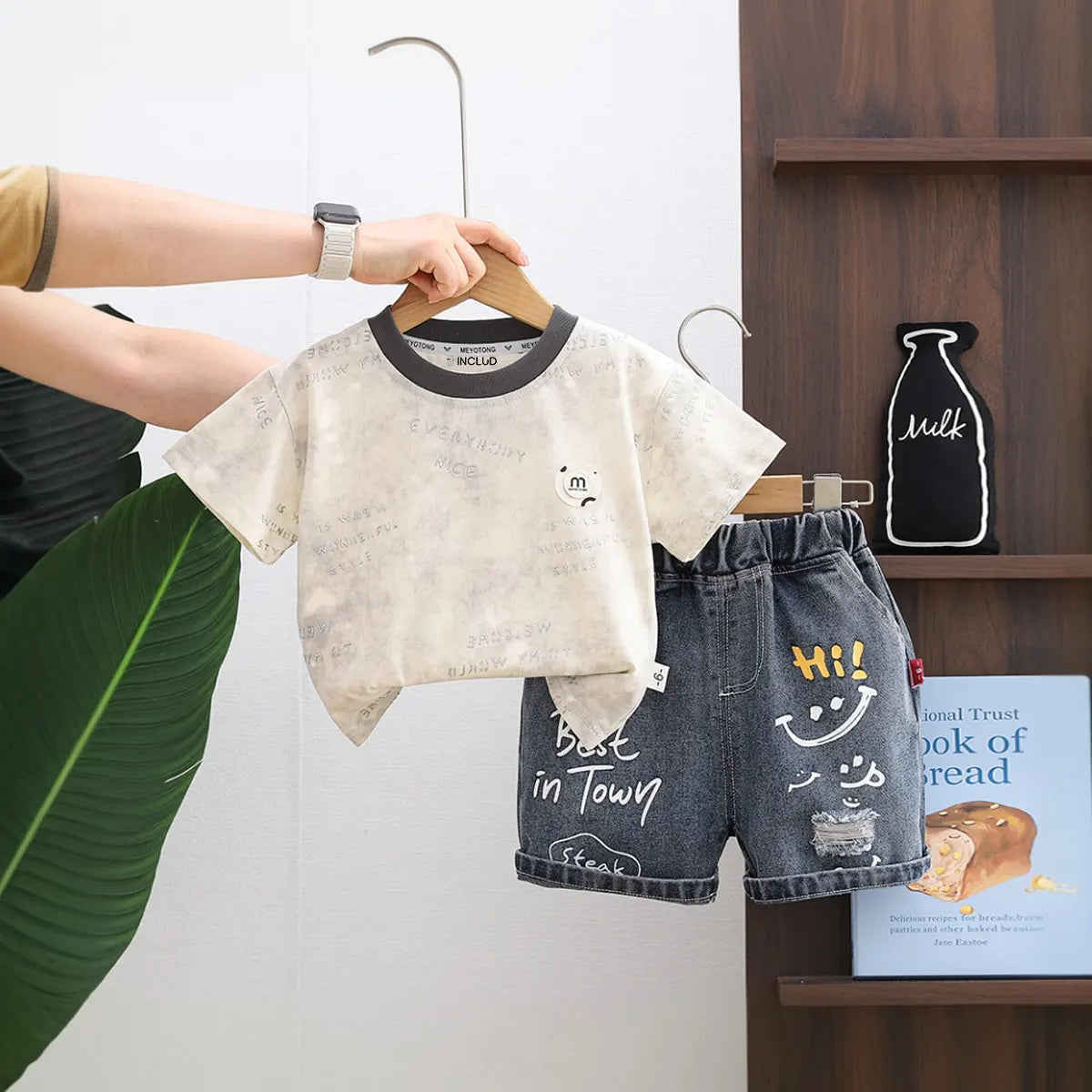 Boys Beige Typographic Print T-Shirt With Distressed Denim Shorts Set Sets Beige 1-2 Y