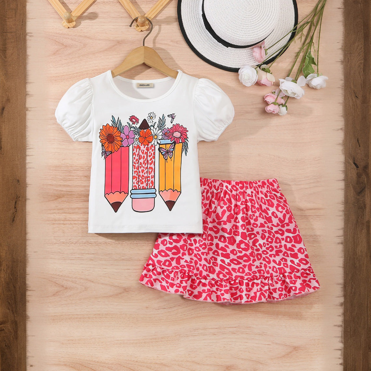 Girls Printed Top with Red Animal Printed Skirt Set Sets Red 3-4 Y
