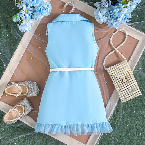 Girls Light Blue Sleeveless Blazer Dresses With Tulle Ruffles Hem Casual Dresses