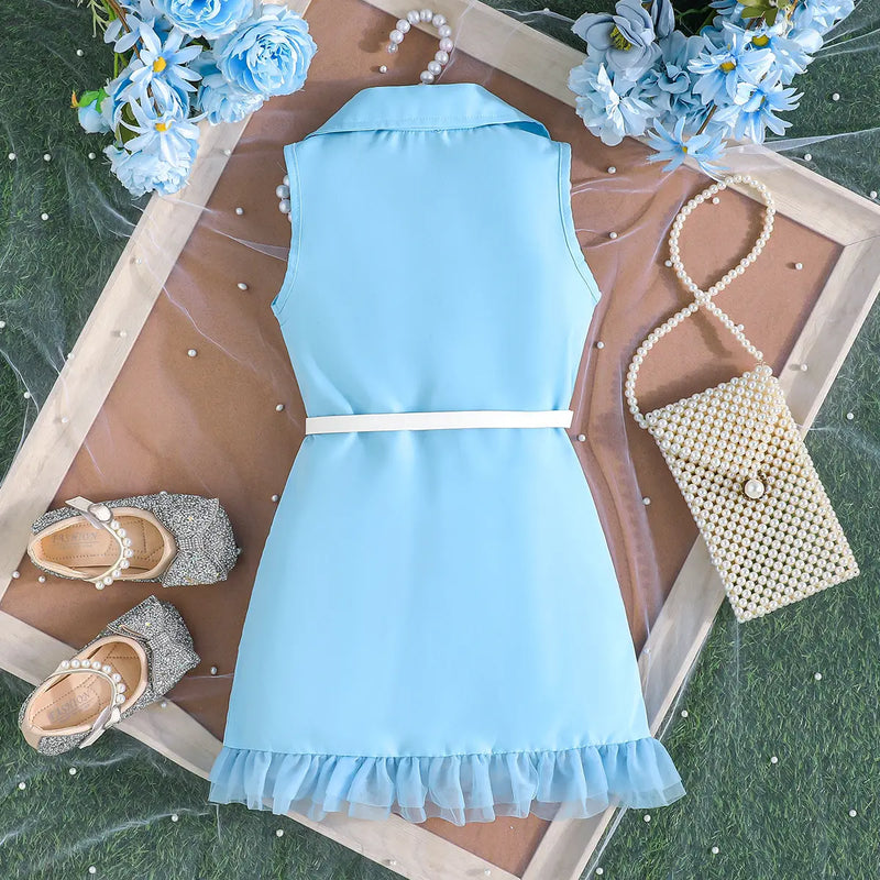 Girls Light Blue Sleeveless Blazer Dresses With Tulle Ruffles Hem Casual Dresses