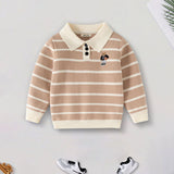 Boys Light Brown Polo Collar Sweatshirt With Self Design Stripe Patterns