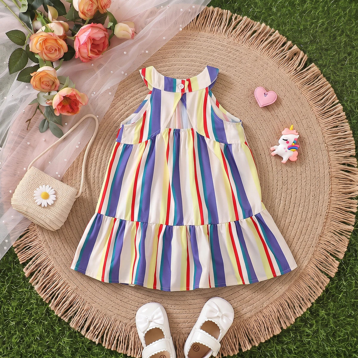 Girls Blue Sleeveless Striped Flared Dress Casual Dresses