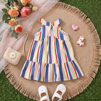 Girls Blue Sleeveless Striped Flared Dress Casual Dresses