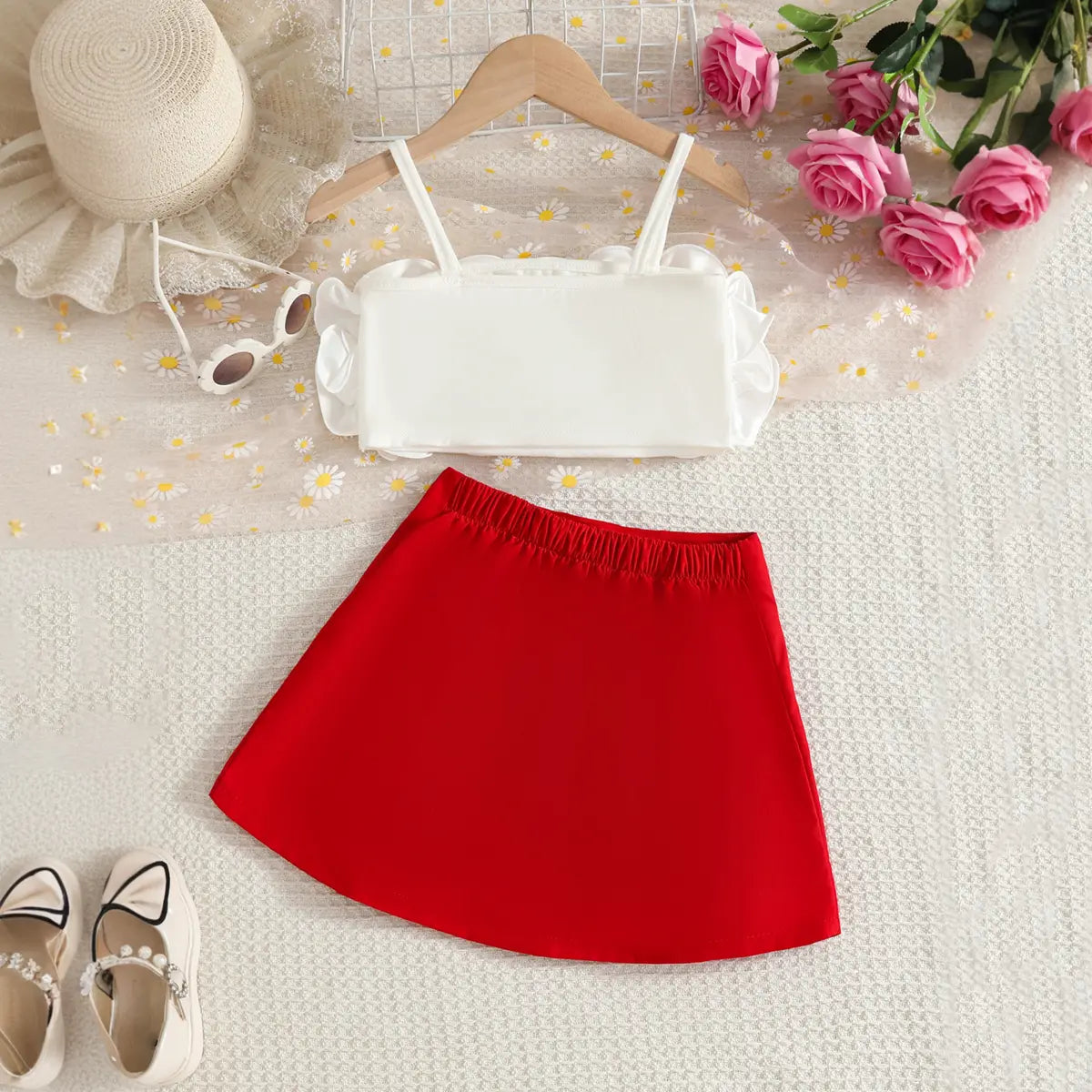 Girls Floral Applique Sleeveless Crop Top With Red Skirt Sets Sets