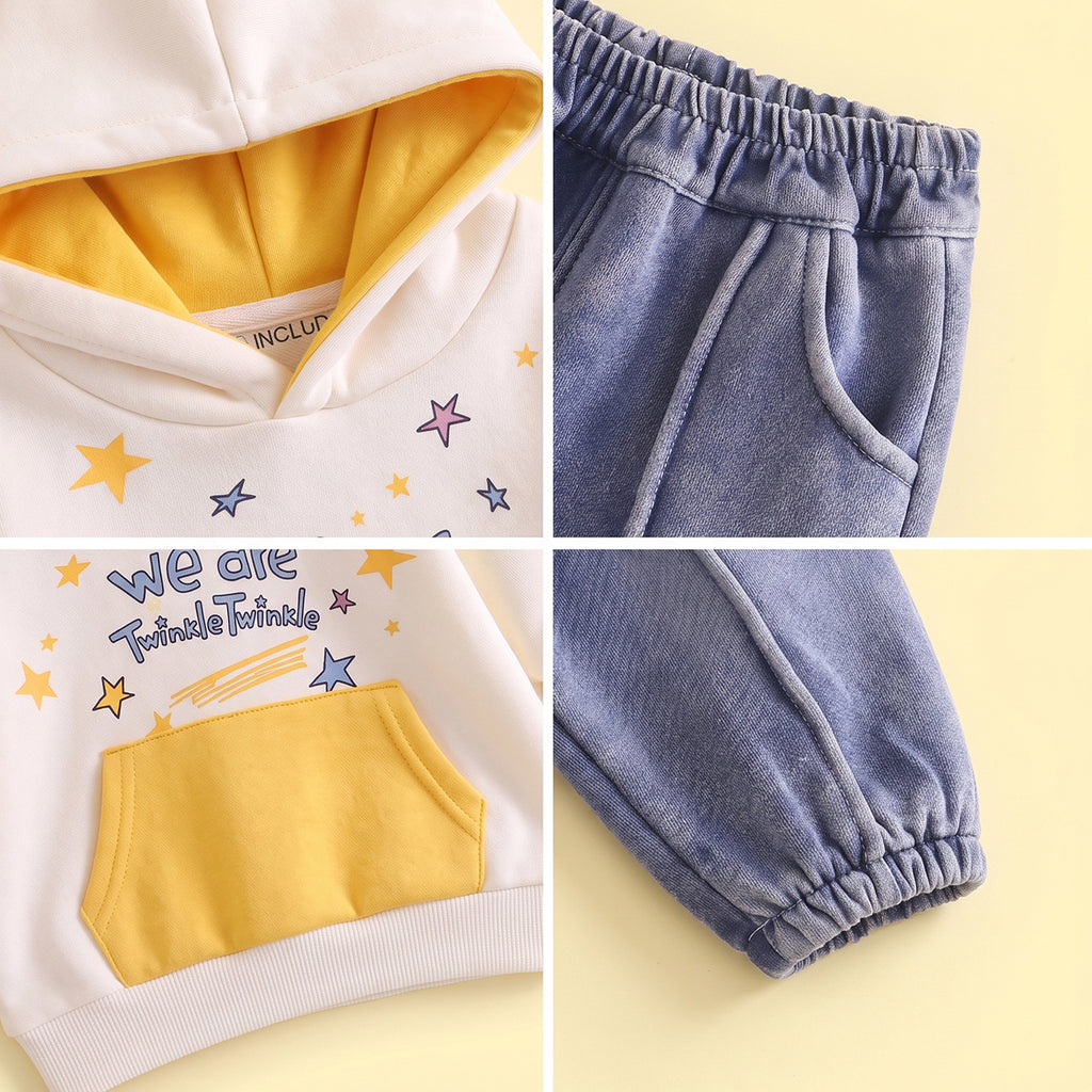Girls Yellow Star Print Typographic Sweatshirt & Pants Sets Sets