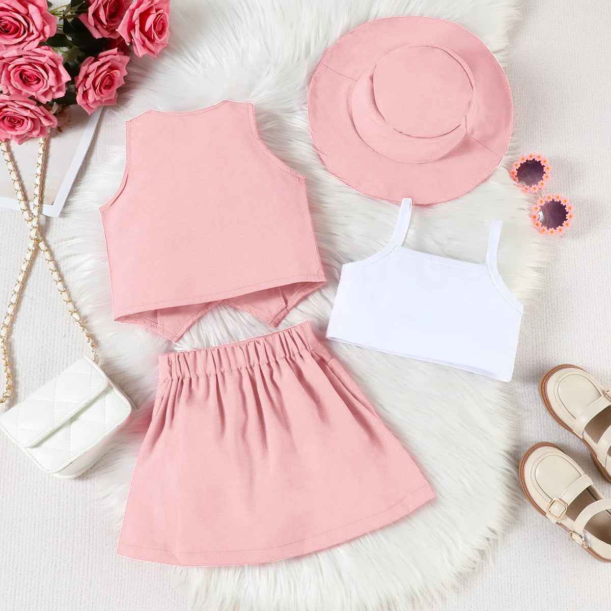 Girls Pink V-Neck Top With Cami Top And Skirt Sets 3 pc. Sets