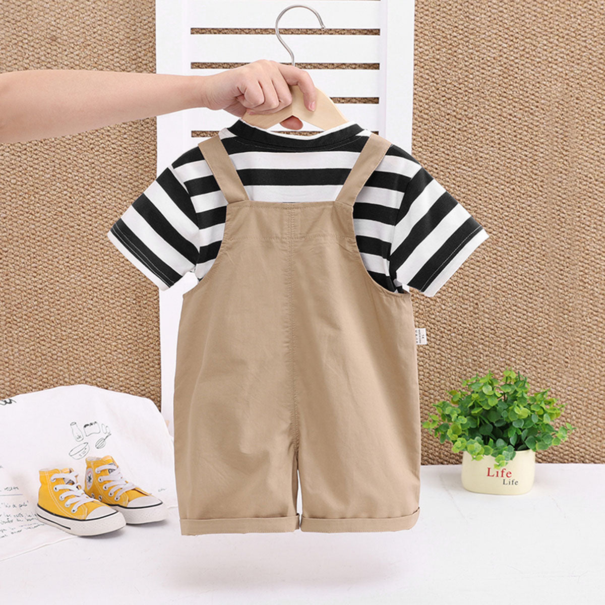 Boys Black Stripes Short Sleeve T-Shirt And Dungaree Set With Teddy Applique 2 pc. Sets