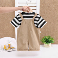 Boys Black Stripes Short Sleeve T-Shirt And Dungaree Set With Teddy Applique 2 pc. Sets