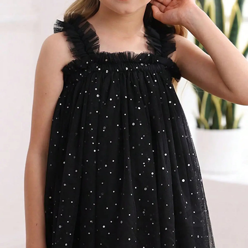 Girls Black Polka Dot Print Tulle Overlay Sleeveless A-line Dress Casual Dresses