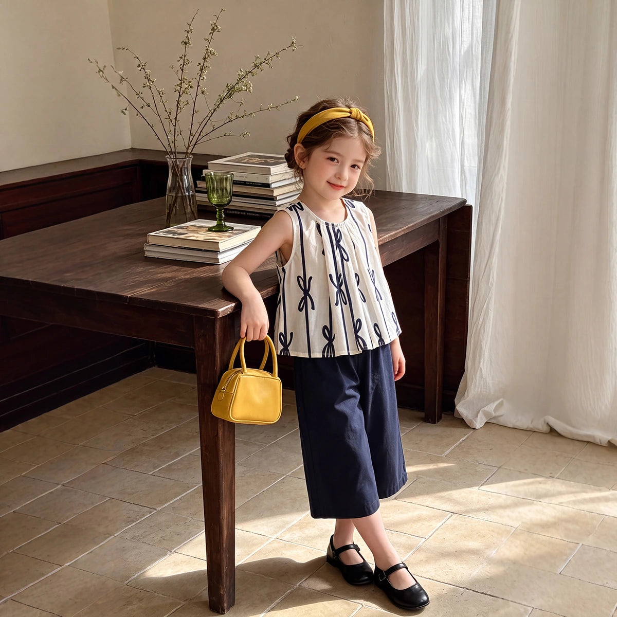 Girls Navy Blue Bow Print Sleeveless Top With Capri Sets 2 pc. Sets