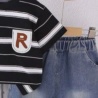 Boys Black Stripes Short Sleeves T-Shirt With Denim Shorts Set Sets