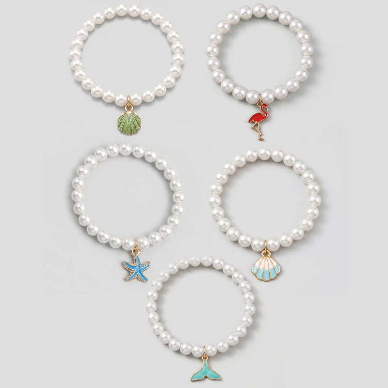 Pack Of 5 Girls Multicolour Charm Pearl Beads Bracelet Sets Bracelet Multicolor Onesize