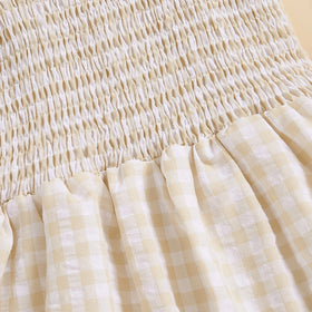 Girls Yellow Checked Flutter Sleeve Smocked Tiered Dress Casual Dresses