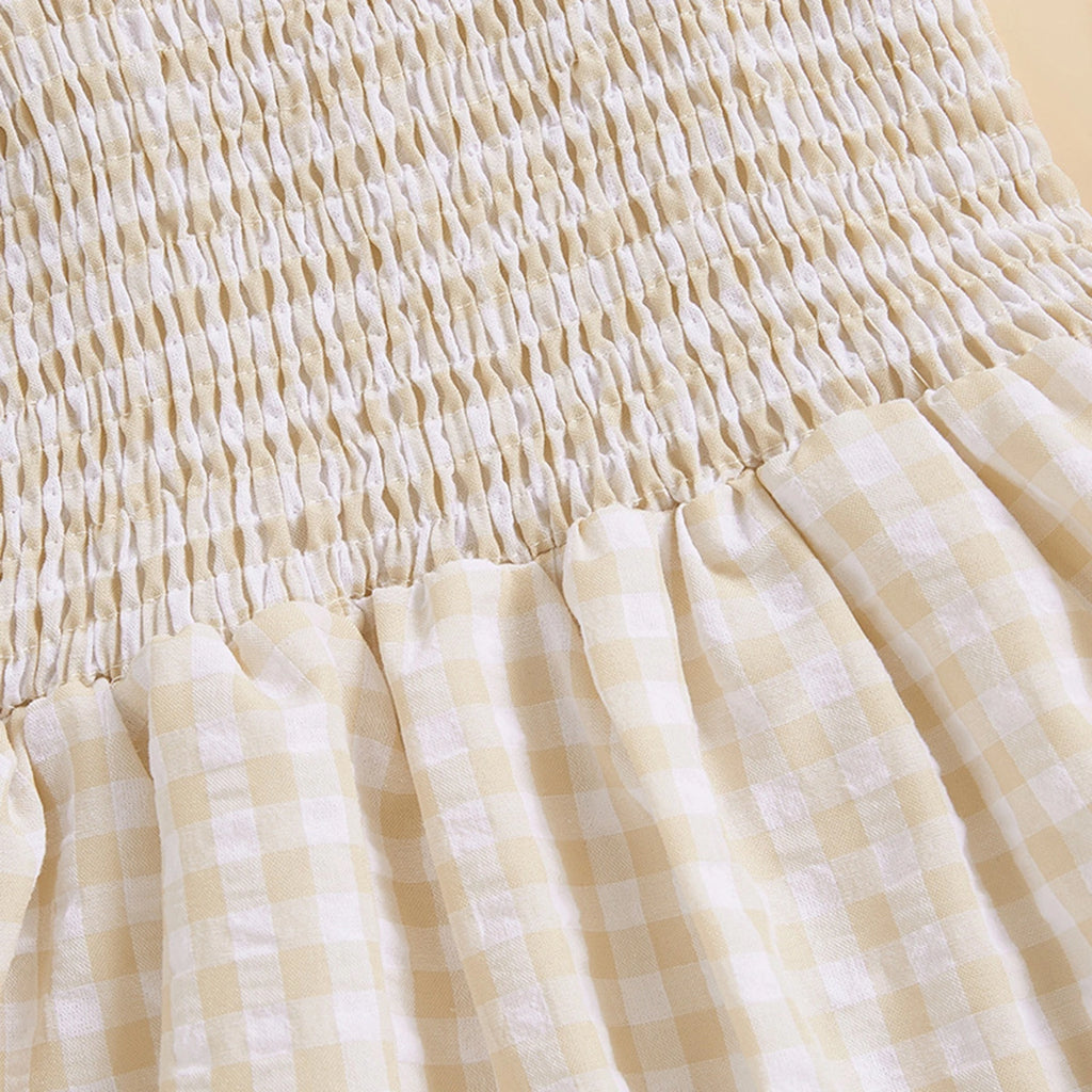 Girls Yellow Checked Flutter Sleeve Smocked Tiered Dress Casual Dresses