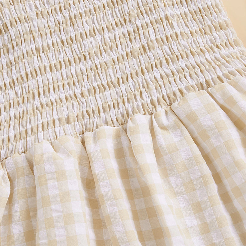 Girls Yellow Checked Flutter Sleeve Smocked Tiered Dress Casual Dresses