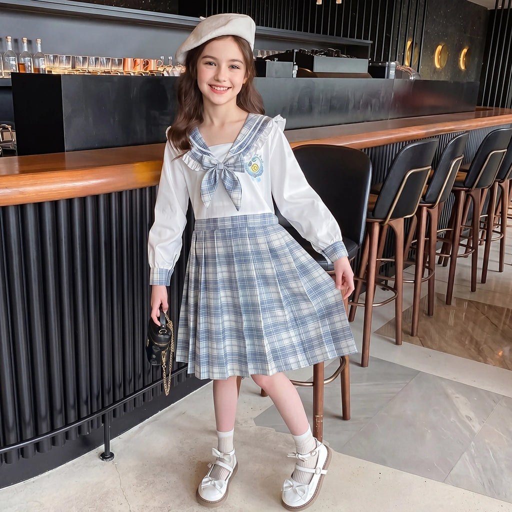 Girls Blue Checked Long Sleeve Fit & Flare Dress Casual Dresses Blue 3-4 Y