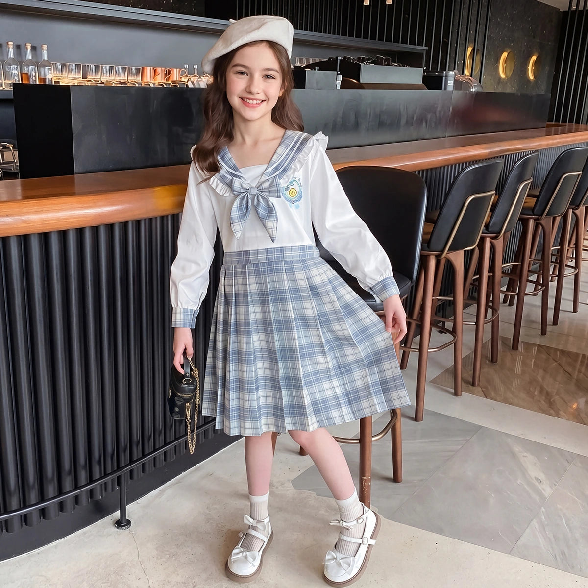 Girls Blue Checked Long Sleeve Fit & Flare Dress Casual Dresses Blue 3-4 Y