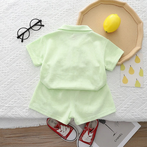 Girls Light Green Floral Applique Short Sleeve Polo T-Shirt With Shorts Sets 2 pc. Sets