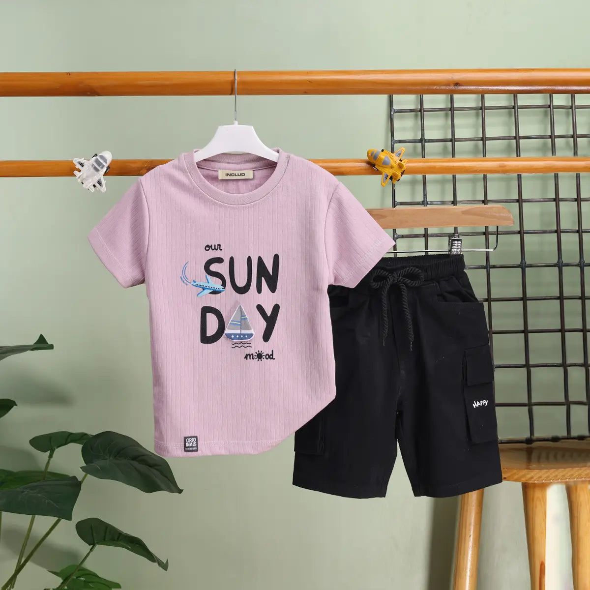 Boys Lilac Typography Printed T-Shirt With Cargo Shorts Sets Sets Lilac 0-1 Y