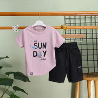 Boys Lilac Typography Printed T-Shirt With Cargo Shorts Sets Sets Lilac 0-1 Y