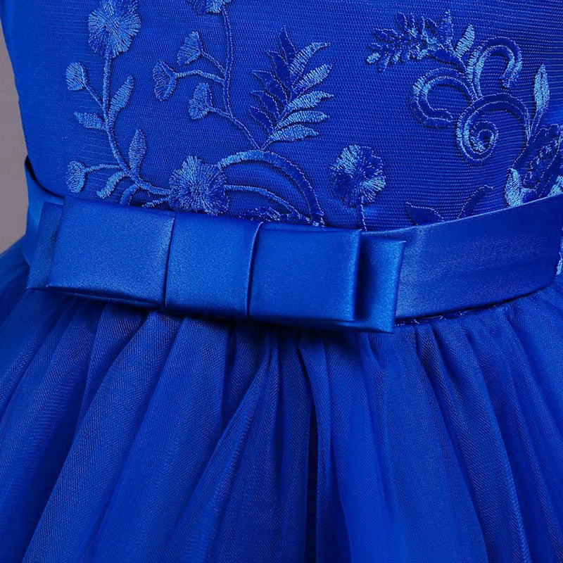 Girls Royal Blue Embroidered Sleeveless Layered Party Dress With Bow Party Dresses
